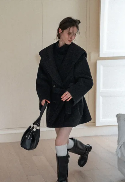 Cozy Black Oversized Coat with Knee-High Boots