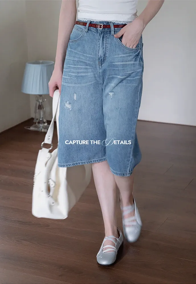 Women’s Distressed Wide-Leg Denim Bermuda Shorts