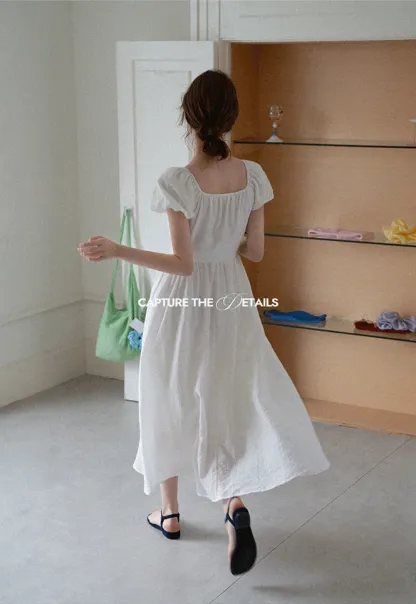 White Puff Sleeve Cottagecore Midi Dress