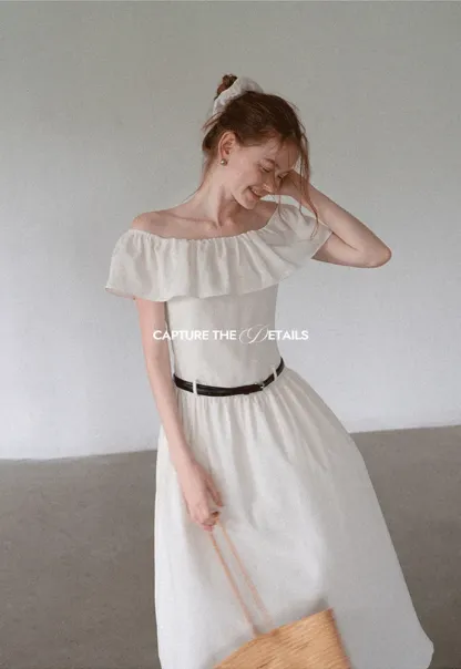 Women’s Off-Shoulder Ruffle Belted Midi Dress