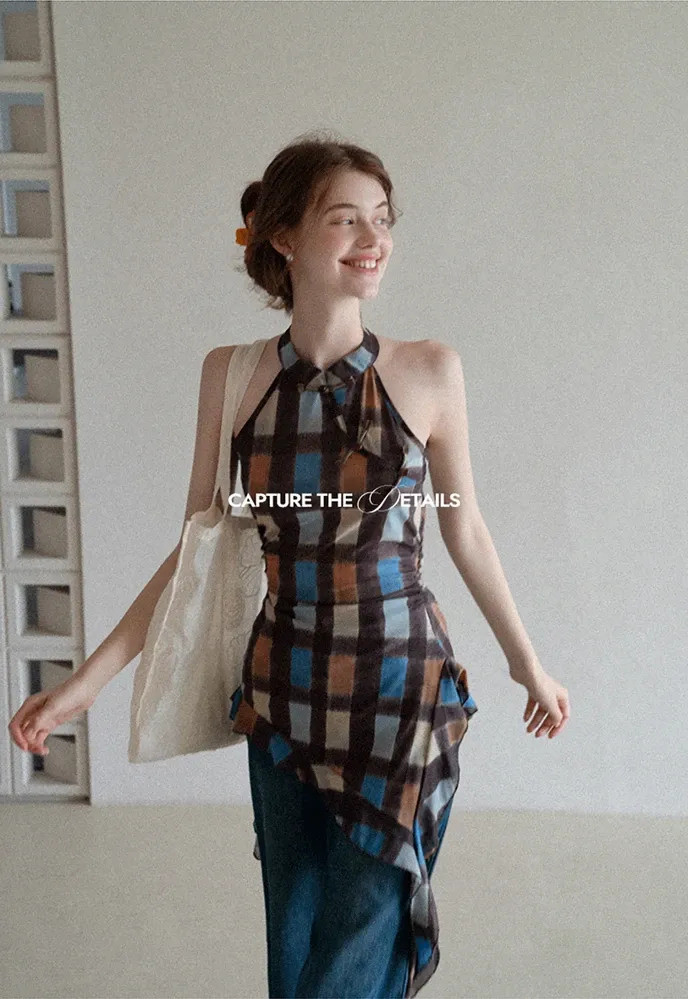 Women’s Plaid Frog-Button Handkerchief-Hem Halter Top