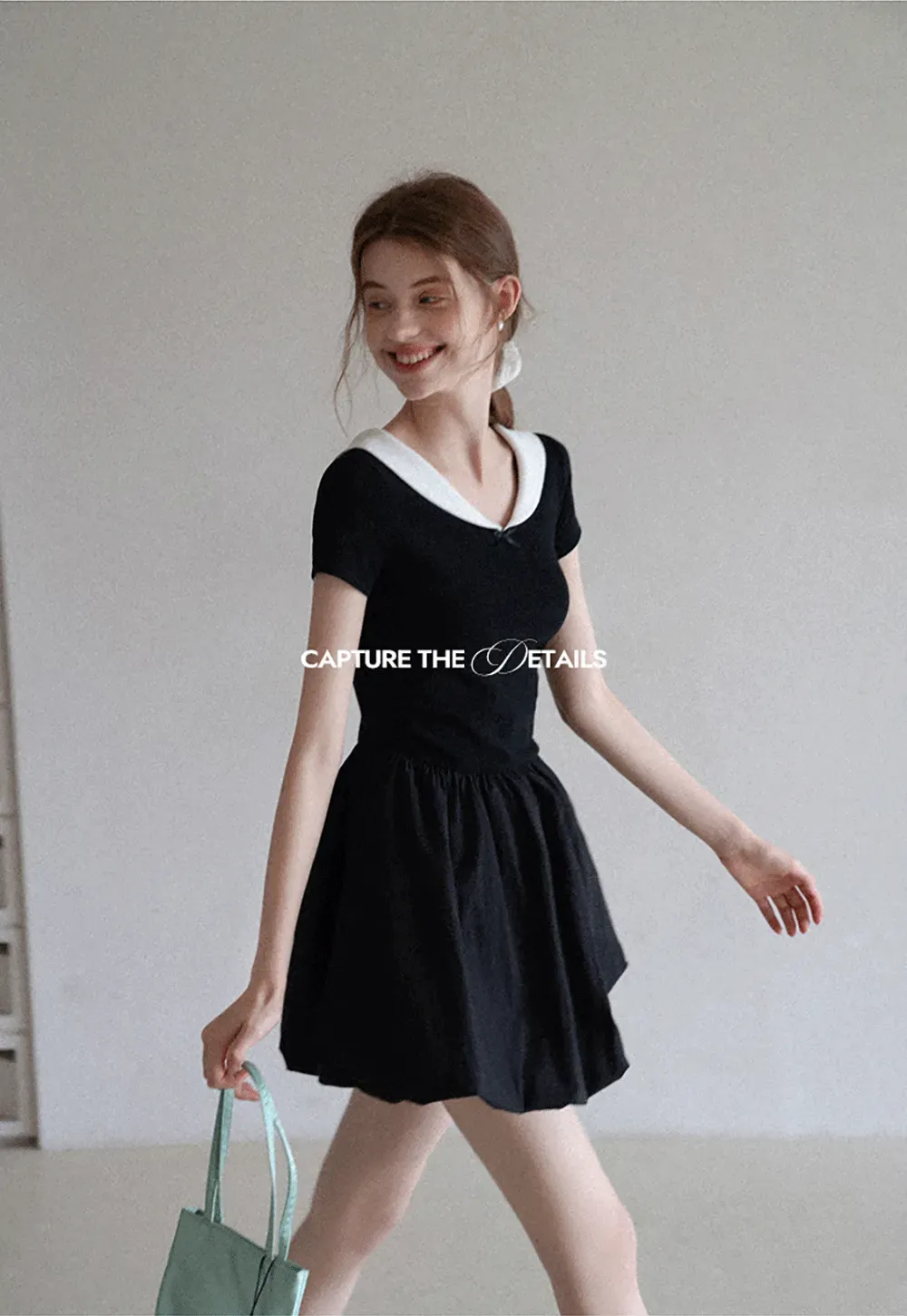 Contrast Collar Puff Sleeve Mini Dress