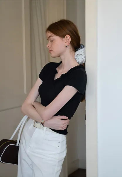 V-Ruffle Trim Fitted Top