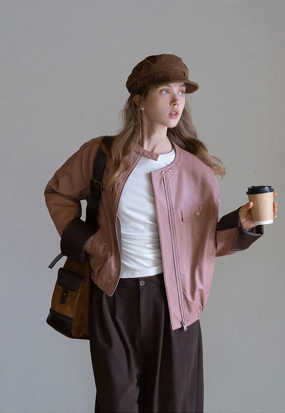 Womens Faux Leather Jacket with Zipper Front and Contrast Cuffs