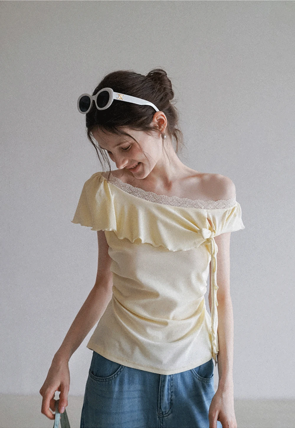 Chic Off Shoulder Ruffle Blouse with Lace Lining