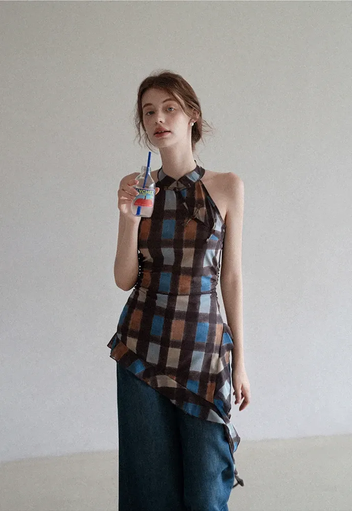 Women’s Plaid Frog-Button Handkerchief-Hem Halter Top