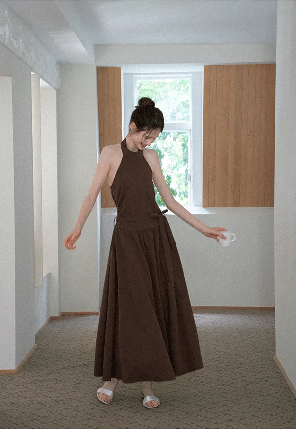 Halter Neck Midi Dress with Waist Tie