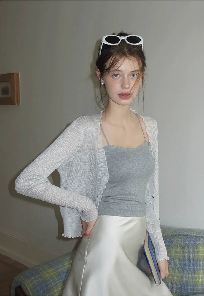 Women Ruffle Ribbed Knit Button Cardigan