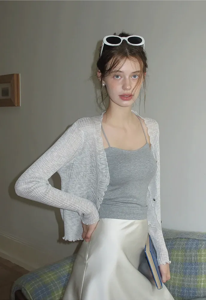 Women Ruffle Ribbed Knit Button Cardigan