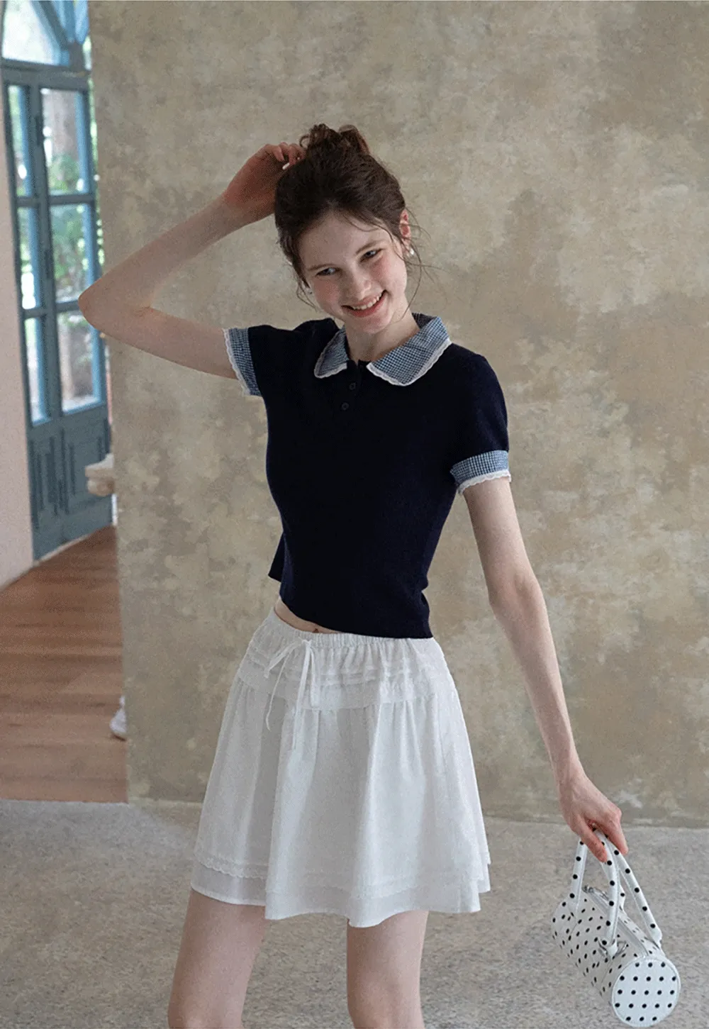 Women Drawstring Waist Layered Lace Trim Mini Skirt