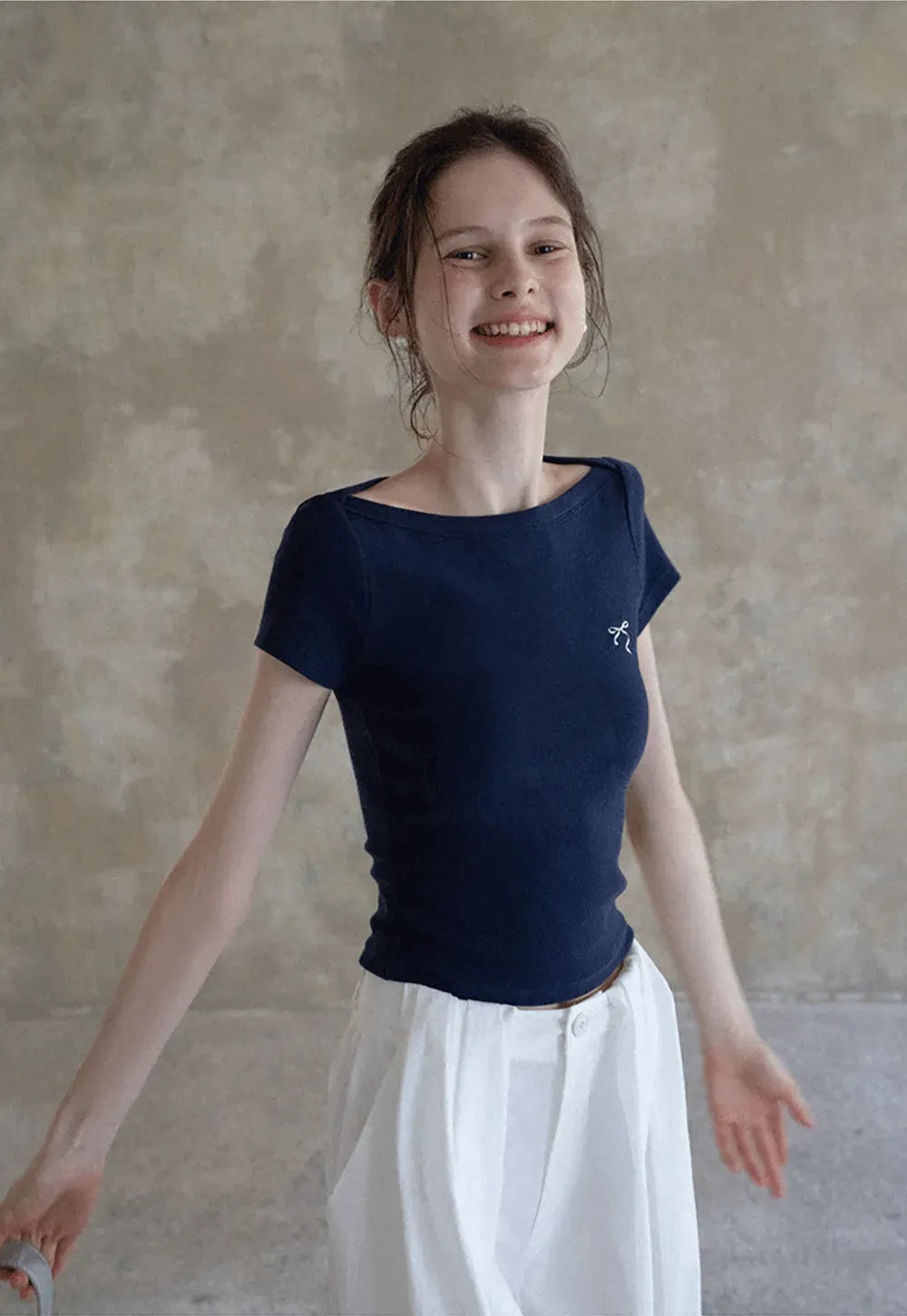 Women's Boat Neck Ribbed Tee with Embroidered Bow