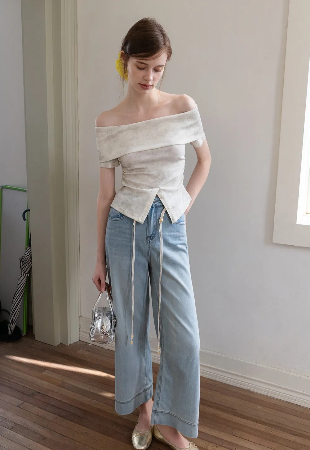 Women’s Off-Shoulder Top with Textured Print