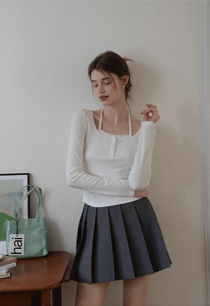 Long Sleeve Square Neck Halter Crop Top