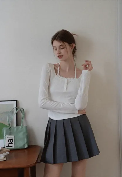 Long Sleeve Square Neck Halter Crop Top