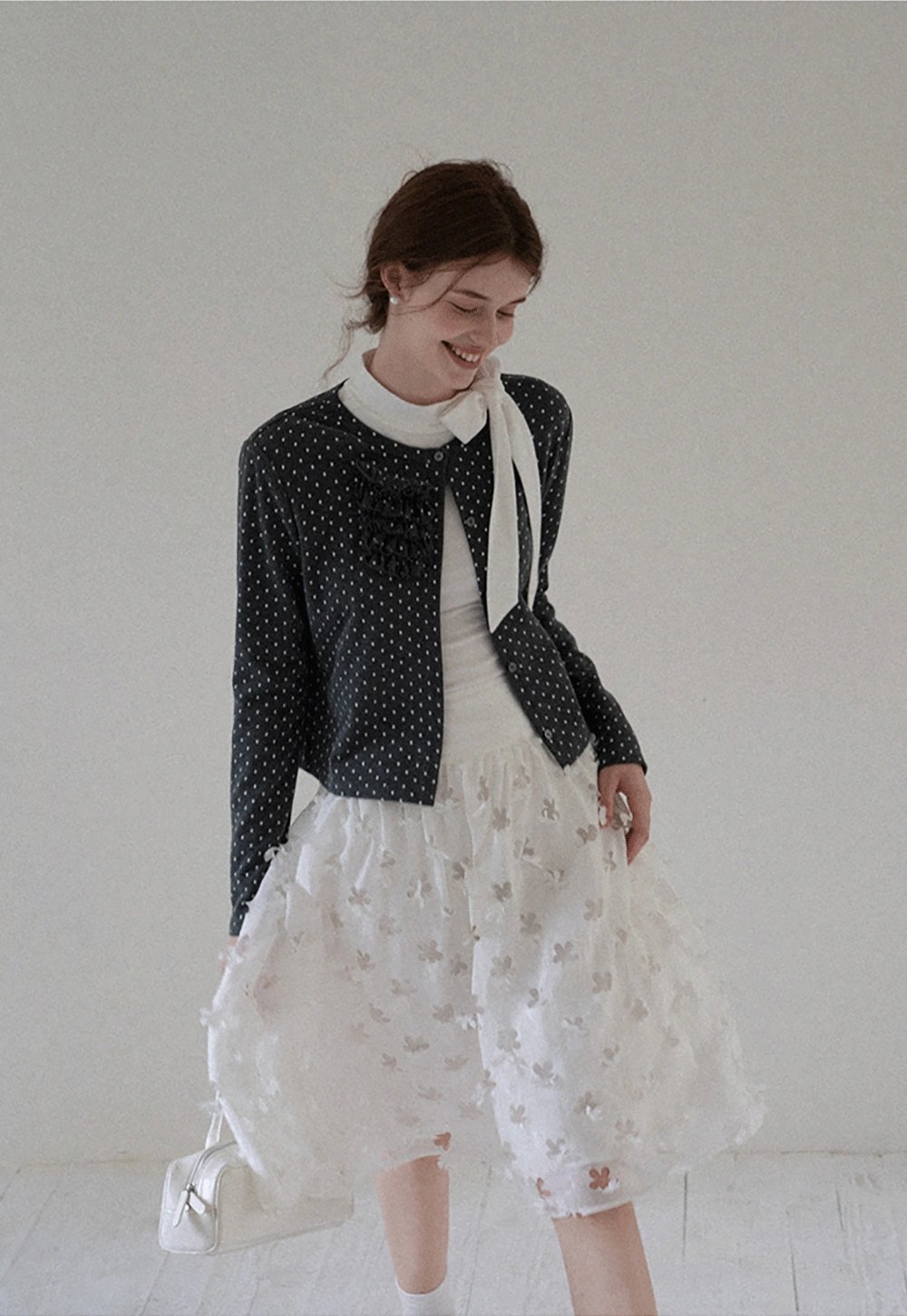 Polka Dot Ruffle Button-Up Cardigan