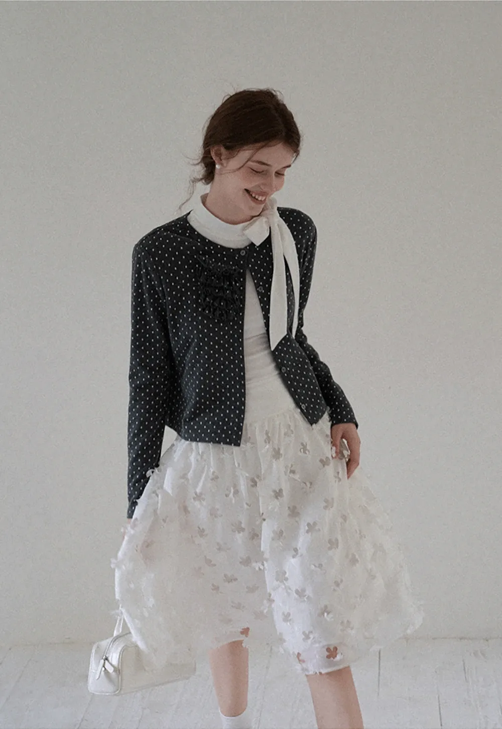 Polka Dot Ruffle Button-Up Cardigan