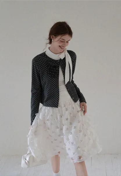 Polka Dot Ruffle Button-Up Cardigan