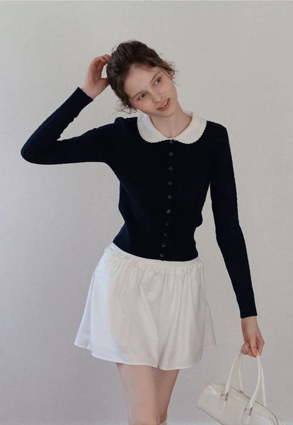 Women's Contrast-Collar Cable-Knit Cardigan