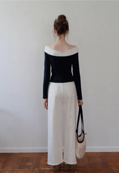 Women's Off Shoulder Contrast Fold-Over Knit Top