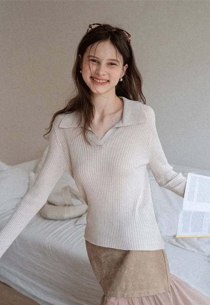 Ribbed Open-Collar Knit Top