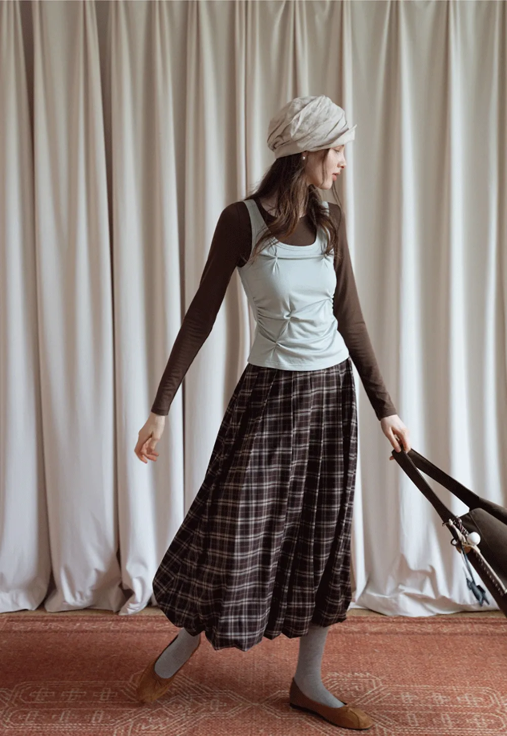 Women's Cami-Overlay Ruched Long Sleeve Top