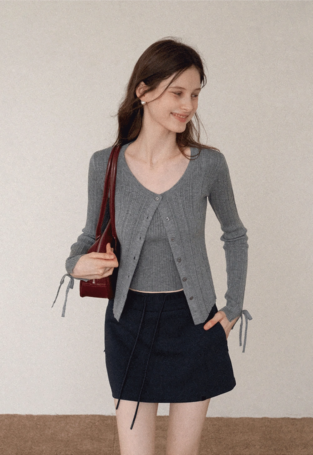 Ribbed Button Front Cardigan and Camisole Set