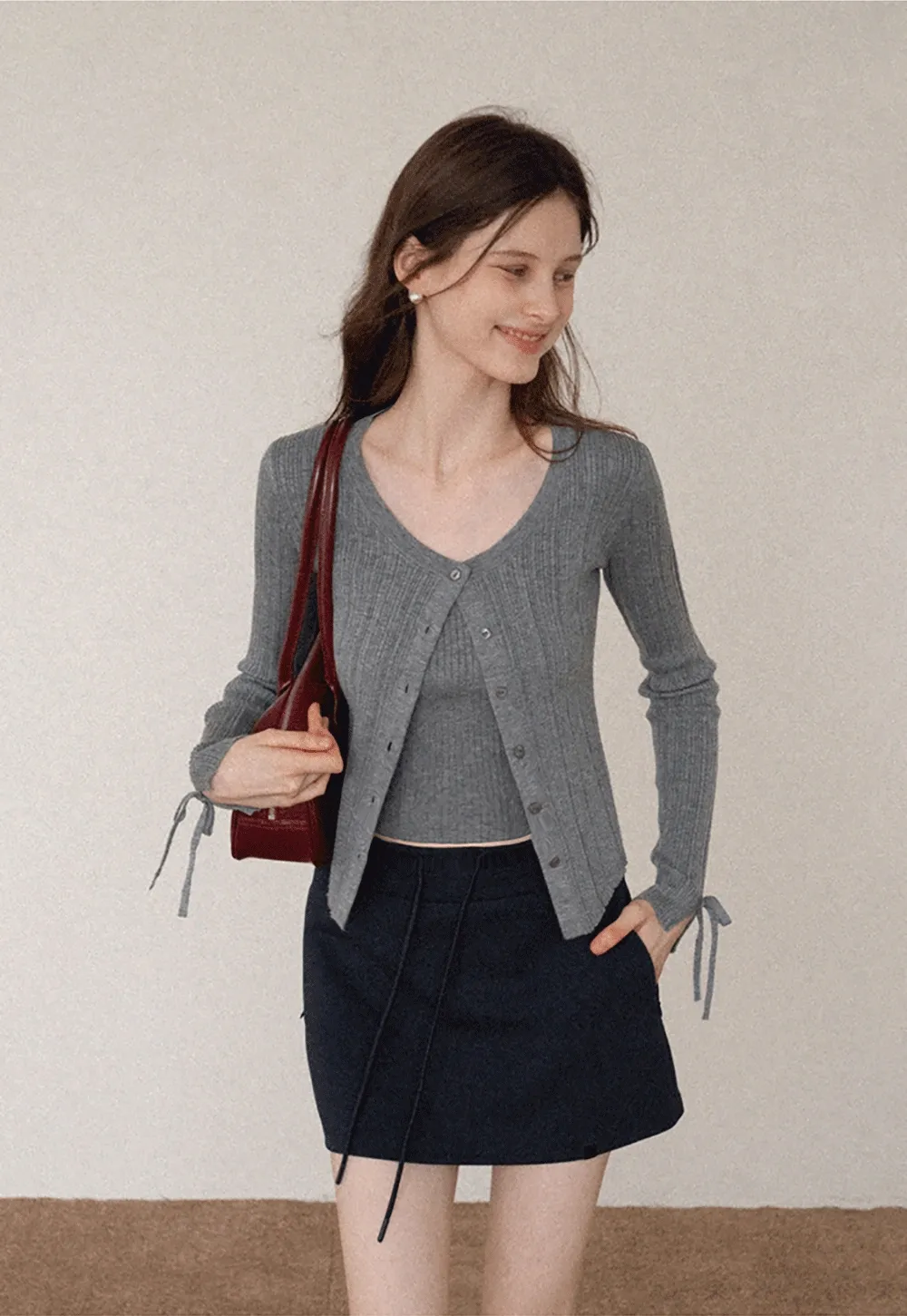 Ribbed Button Front Cardigan and Camisole Set