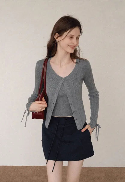 Ribbed Button Front Cardigan and Camisole Set