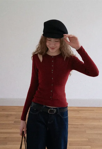 Cut-Out Button Long Sleeve Knit Top