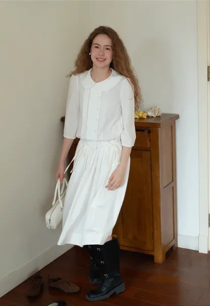 3/4 Sleeve Vintage White Shirt for Women