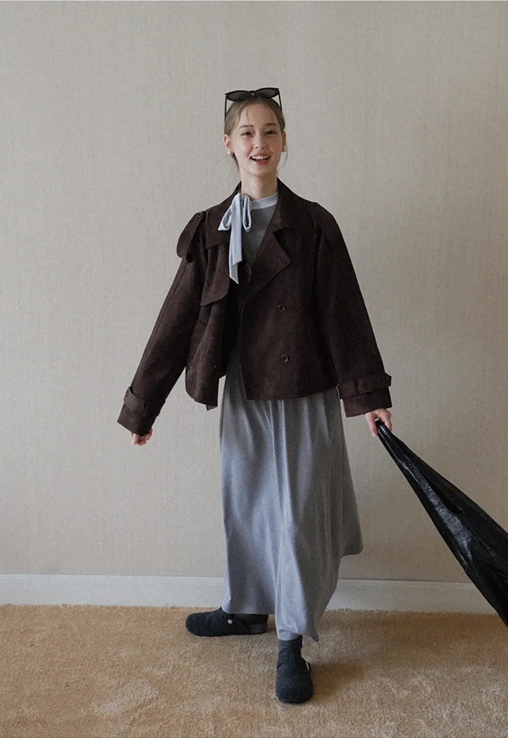 elegant grey long sleeve casual a-line dress