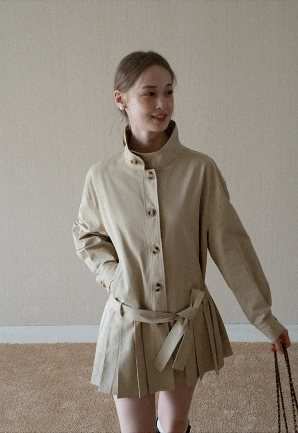 Womens Khaki High Neck Pleated Hem Trench Coat