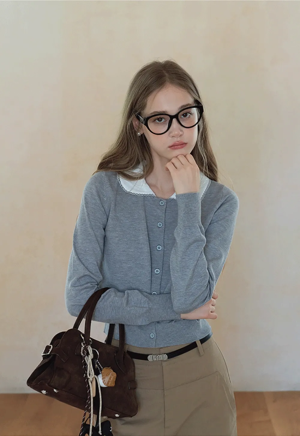 Womens Knit Cardigan with White Peter Pan Collar