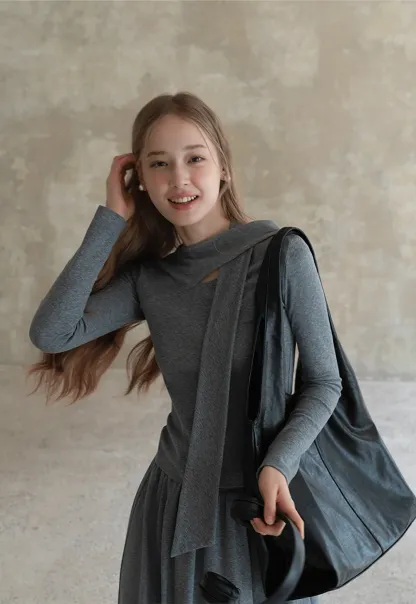 Relaxed Grey 2 Piece Outfit Long Sleeve Tee and Skirt