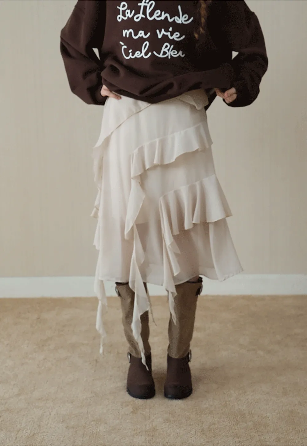 Womens Ruffle Layered Chiffon Midi Skirt