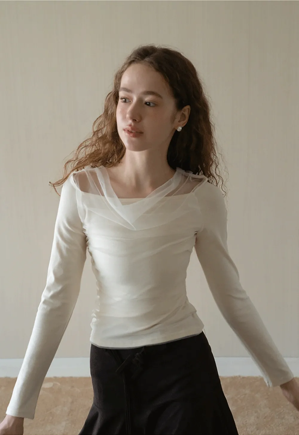 Women Mesh Patchwork Cowl Neck Top