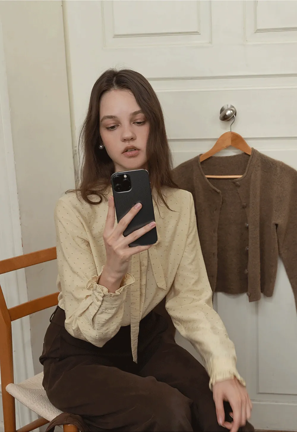 Womens Polka Dot Ruffle Trim Blouse with Bow Tie Neck