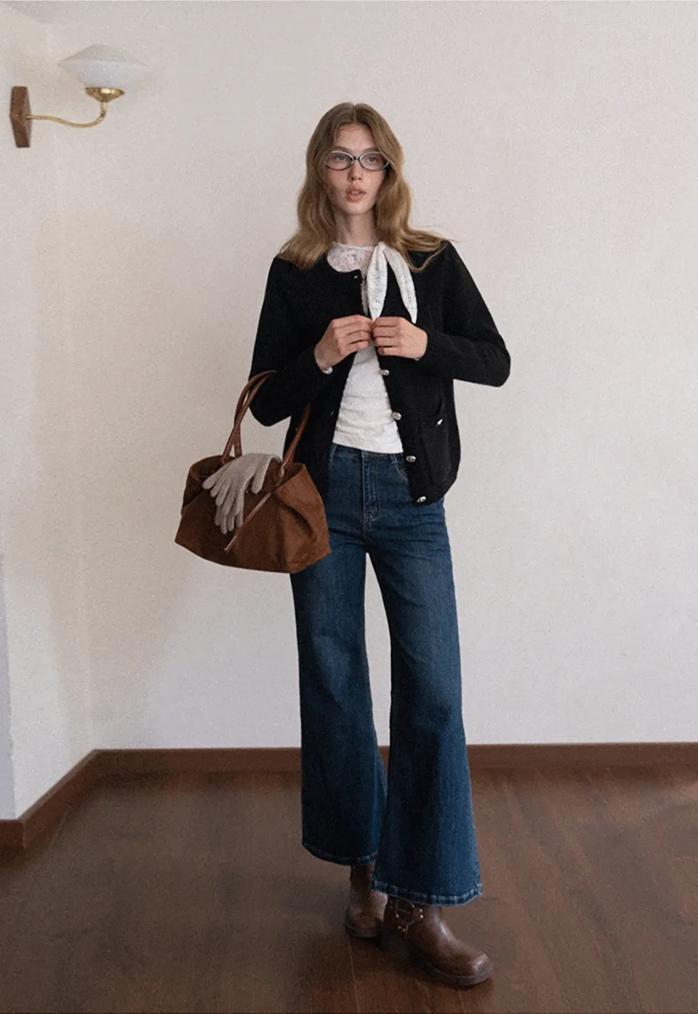 Lace Tie Neck Long Sleeve Blouse