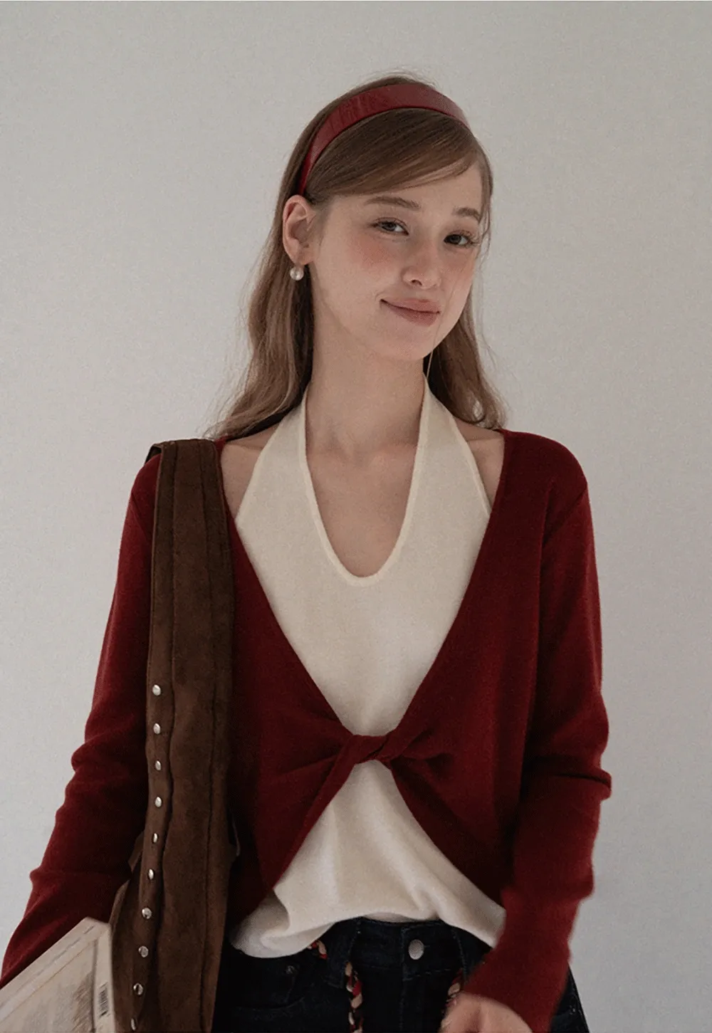 Women Casual Long Sleeve Halter Top with Twist Front Design