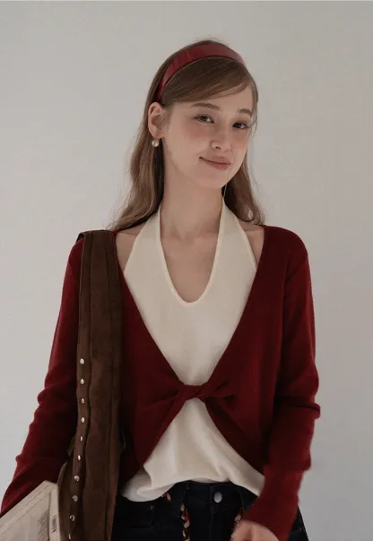 Women Casual Long Sleeve Halter Top with Twist Front Design