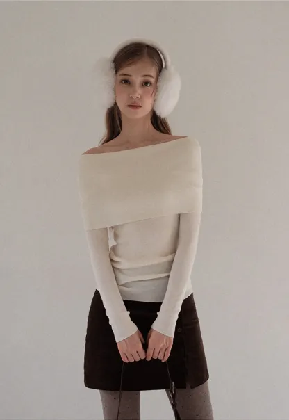 Women Off Shoulder Long Sleeve Knit Sweater Top Slim Fit