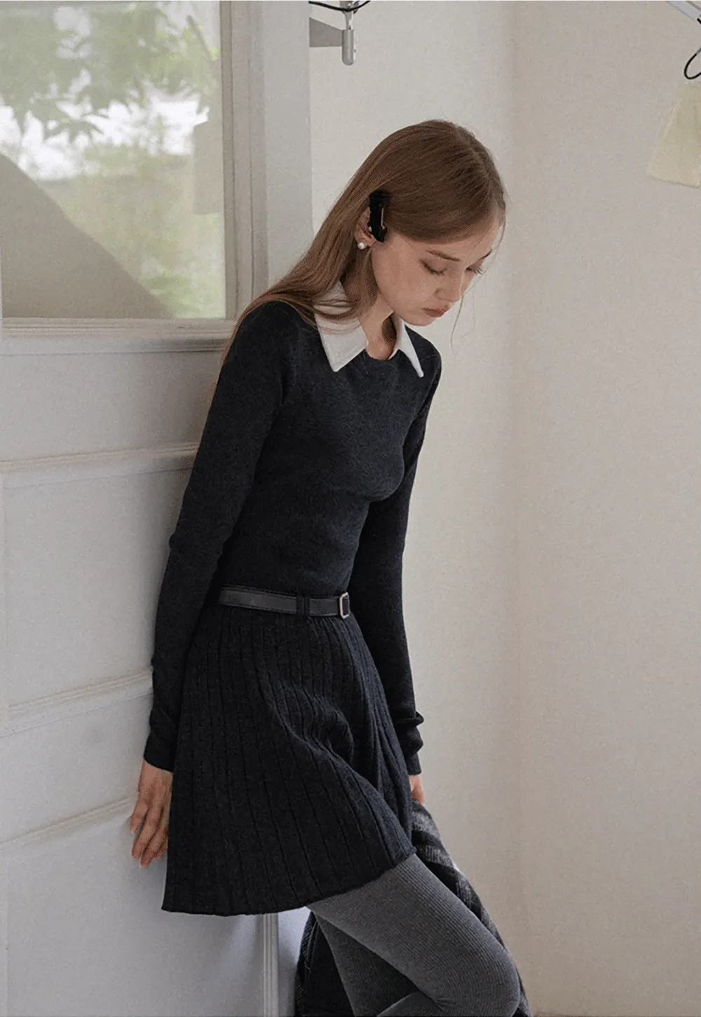 Women Black Sweater Dress with White Collar and Belt