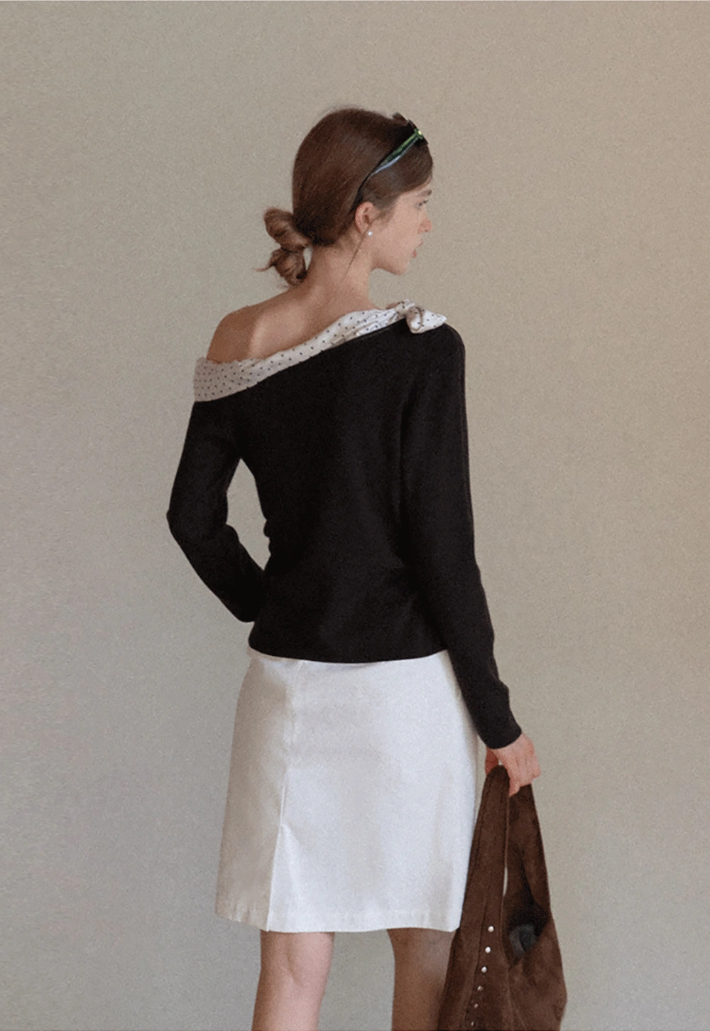 Womens Polka Dot Scarf Neck Long Sleeve Top