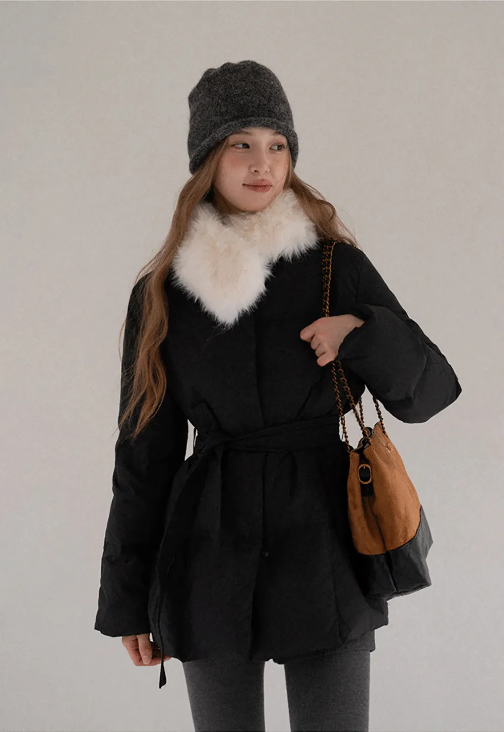 Belted Down Coat with Faux Fur Collar