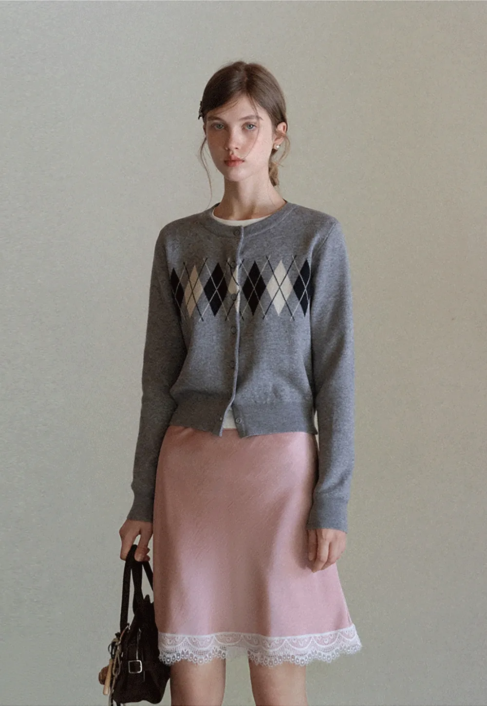 Women Vintage Argyle Pattern Knit Cardigan