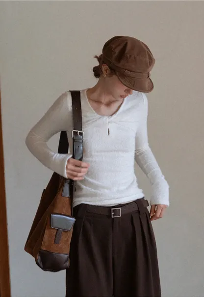 Women Soft Fluffy Knit Top Twist Front Long Sleeve