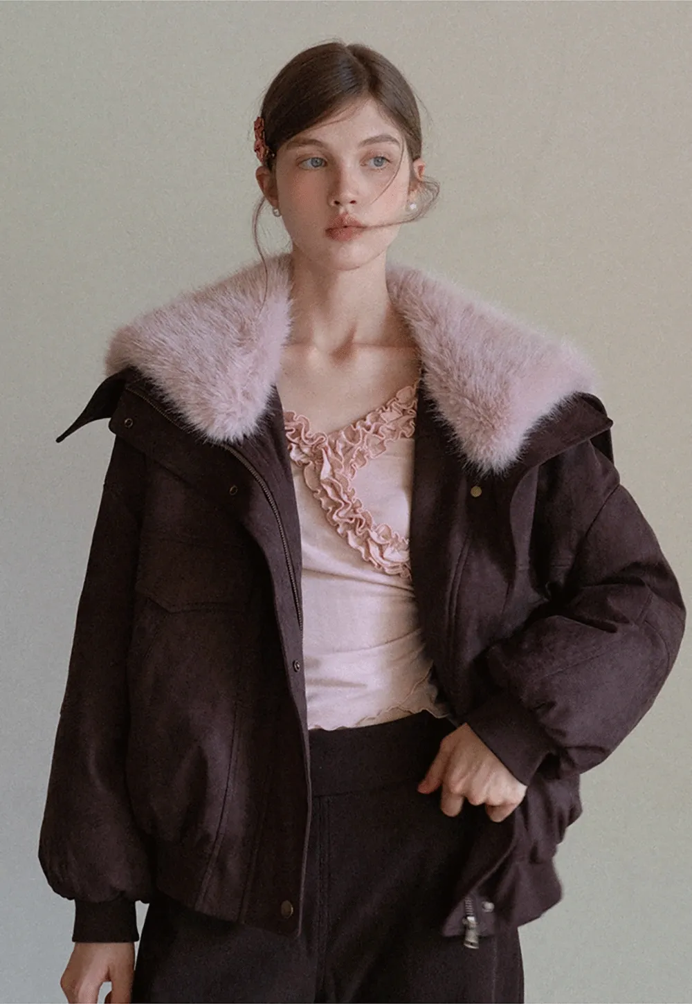 Ruffled V Neck Slim Fit Long Sleeve Tee