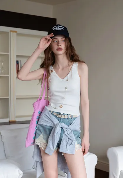 Women’s High‑Waist Ripped Lace Denim Shorts