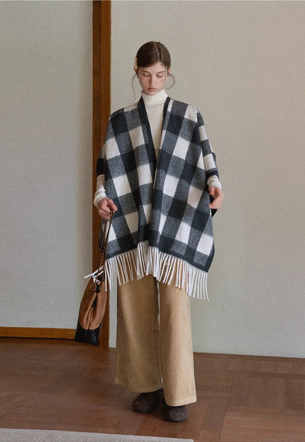 Checked Fringe Poncho