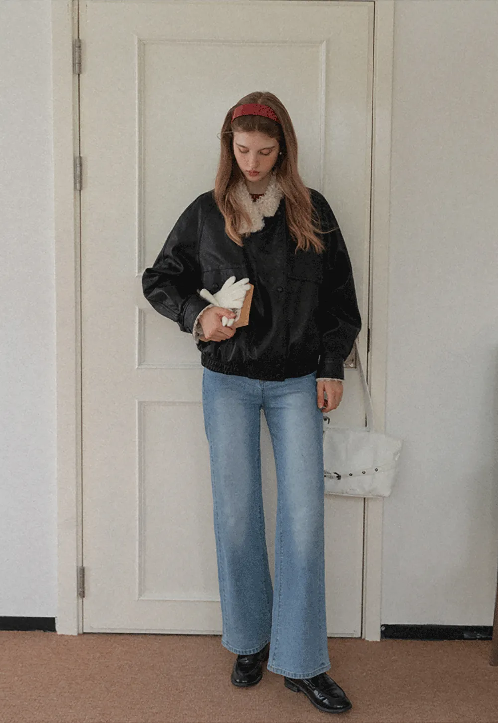 Faux Leather Jacket with Shearling Collar